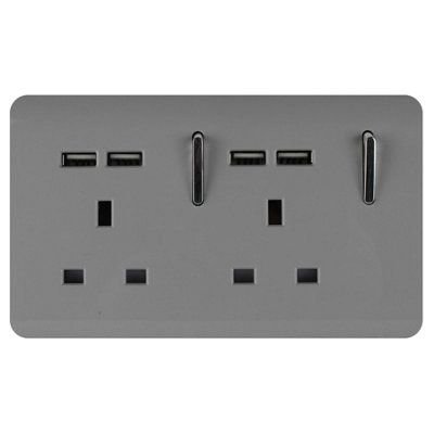 Trendi Switch 2 Gang 4 Port USB 2.1mA Double Plug Socket Light Grey