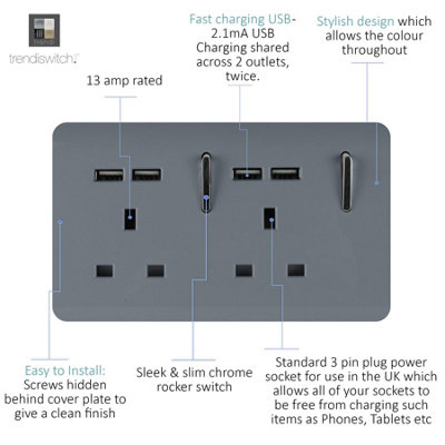 Trendi Switch 2 Gang 4 Port USB 2.1mA Double Plug Socket Warm Grey