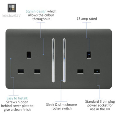 Trendi Switch 2 Gang Charcoal Grey Double Plug Socket Modern Designer Decorative Wiring Accessory