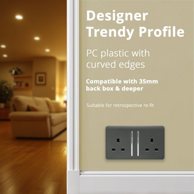 Trendi Switch 2 Gang Charcoal Grey Double Plug Socket Modern Designer Decorative Wiring Accessory