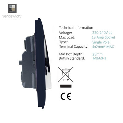 Trendi Switch 2 Gang Navy Blue Double Plug Socket Modern Designer Decorative Wiring Accessory