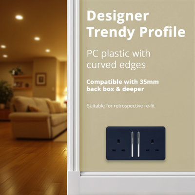 Trendi Switch 2 Gang Navy Blue Double Plug Socket Modern Designer Decorative Wiring Accessory