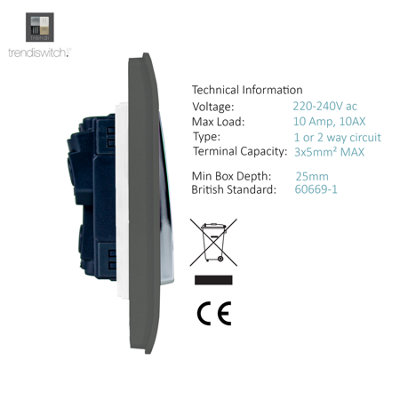 Trendi Switch Charcoal 1 Gang 2 Way 10 Amp Light Switch