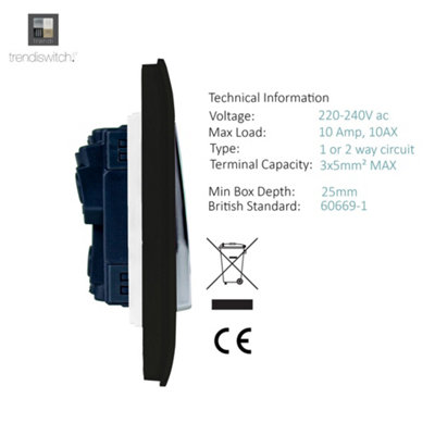 Trendi Switch Matt Black 4 Gang 1 or 2 Way Light Switch, ART-SS44MBK