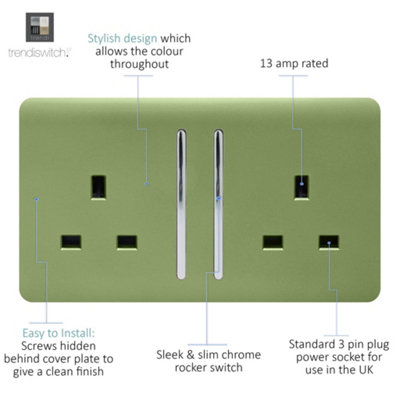 Trendi Switch Moss Green 2 Gang Long Switched Plug Socket, ART-SKT213LMG