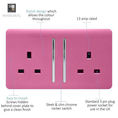 Trendi Switch Pink 2 Gang Long Switched Plug Socket, ART-SKT213LPK