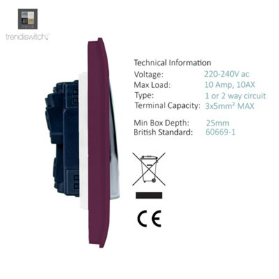 Trendi Switch Plum 4 Gang 1 or 2 way Rocker Light Switch, ART-SS8PL