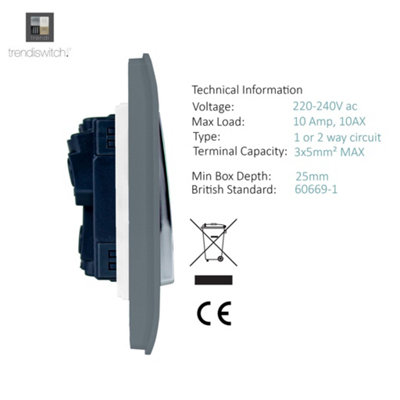 Trendi Switch Warm Grey 1 Gang 2 Way 10 Amp Light Switch