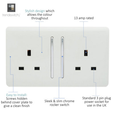 Trendiswitch 2 Gang 13 Amp Switched Socket White