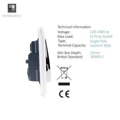 Trendiswitch 2 Gang 13 Amp Switched Socket White - 3