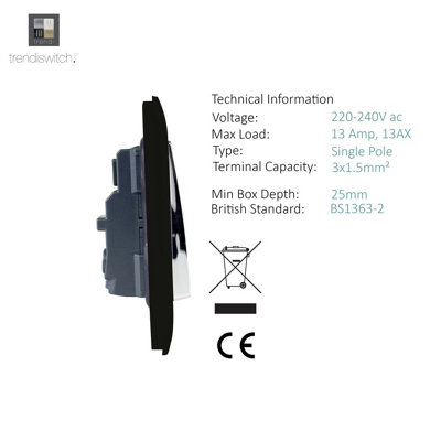 Trendiswitch Black 1 Gang 13 Amp Switched Socket - 3
