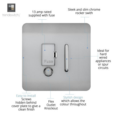 Trendiswitch BRUSHED STEEL 13 Amp Fused Spur with Flex Outlet