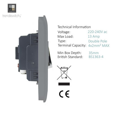 Trendiswitch BRUSHED STEEL 13 Amp Fused Spur with Flex Outlet - 3