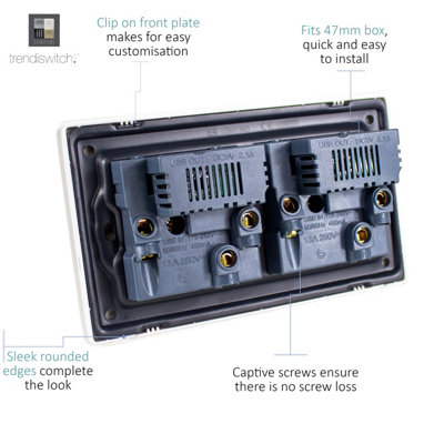 Trendiswitch BRUSHED STEEL 2 Gang 4 Port USB 2100mA Socket