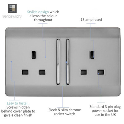 Trendiswitch BRUSHED STEEL 2 Gang Long Switched Socket
