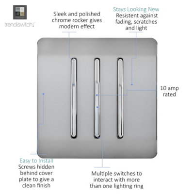 Trendiswitch BRUSHED STEEL 3 Gang 1 or 2 way Light Switch