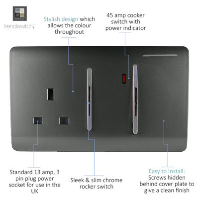 Trendiswitch Charcoal 13 Amp Cooker Switch & Socket with Neon