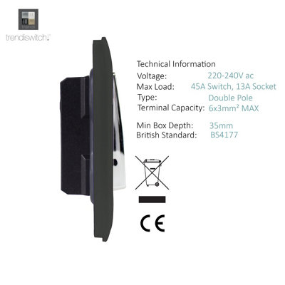Trendiswitch Charcoal 13 Amp Cooker Switch & Socket with Neon