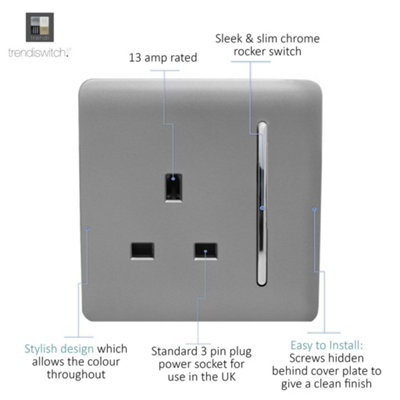 Trendiswitch Light Grey 1 Gang 13 Amp Switched Socket