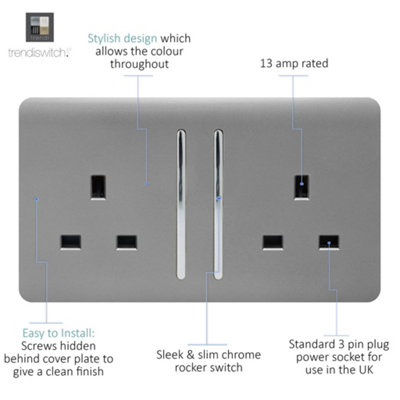 Trendiswitch Light Grey 2 Gang 13 Amp Switched Socket