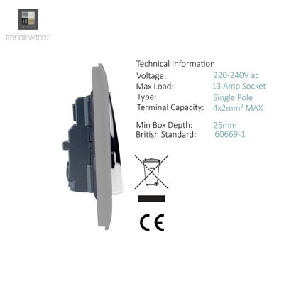 Trendiswitch White 1 Gang 13 Amp Switched Socket 1 Gang - 3