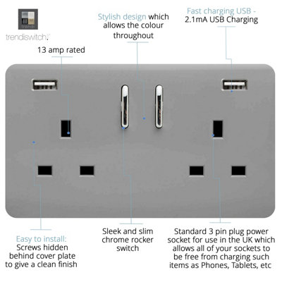 Trendiswitch LIGHT GREY 2 Gang USB 2100mA Socket