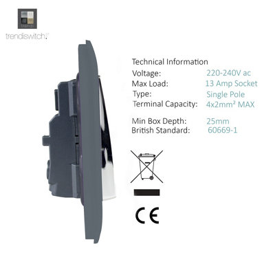 Trendiswitch Warm Grey 2 Gang 13 Amp Switched Socket - 3