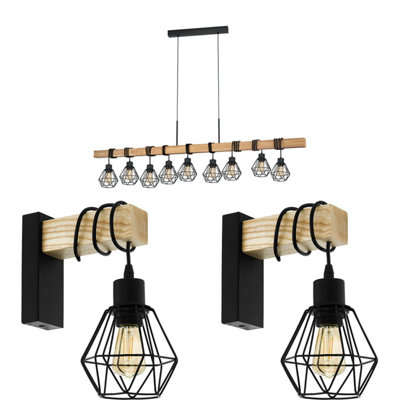 Trendy 9 Bulb Black Cage Pendant Light with 2 Matching Wall Sconces