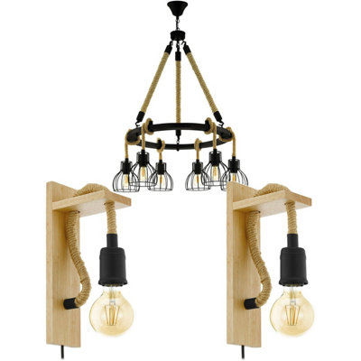 Trendy Black Rope 6 Bulb Ceiling Pendant with 2 Matching Wall Lights