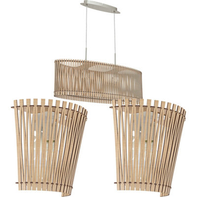 Trendy Maple Wood Pendant Light with Matching Wall Sconces - Modern Ceiling Fixture