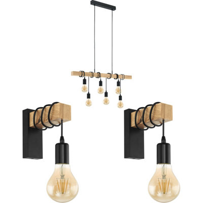 Trendy Multi Bulb Ceiling Pendant Light with 2 Wall Sconces in Black and Wood Finish