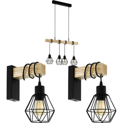 Trendy Quad Ceiling Light with 2 Matching Wall Lights in Black Cage and Wood Finish
