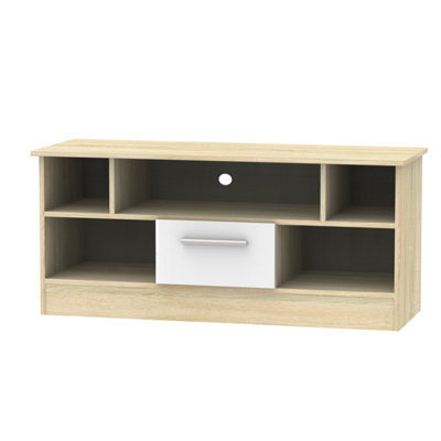 Trent 1 Drawer TV & Media Unit in White Gloss & Bardolino Oak (Ready Assembled)