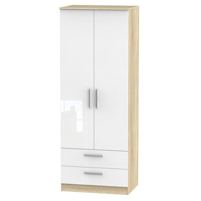 Trent 2 Door 2 Drawer Wardrobe in White Gloss & Bardolino Oak (Ready Assembled)