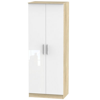 Trent 2 Door Wardrobe in White Gloss & Bardolino Oak (Ready Assembled)