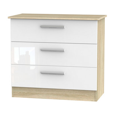 Trent 3 Drawer Chest in White Gloss & Bardolino Oak (Ready Assembled)