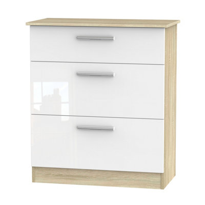 Trent 3 Drawer Deep Chest in White Gloss & Bardolino Oak (Ready Assembled)