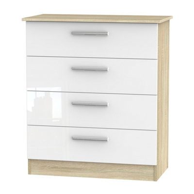 Trent 4 Drawer Chest in White Gloss & Bardolino Oak (Ready Assembled)