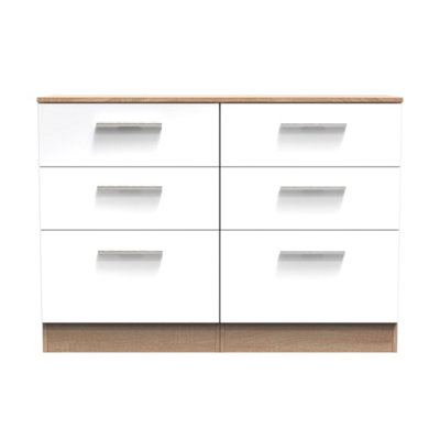 Trent 6 Drawer Wide Chest in White Gloss & Bardolino Oak (Ready Assembled)