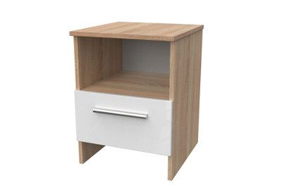 Trent Bottom Drawer Lamp Table in White Gloss & Bardolino Oak (Ready Assembled)