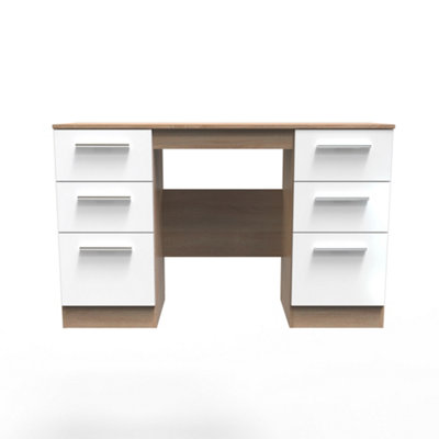 Trent Double Pedestal Desk in White Gloss & Bardolino Oak (Ready Assembled)