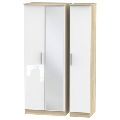 Trent Triple Mirror Wardrobe in White Gloss & Bardolino Oak (Ready Assembled)