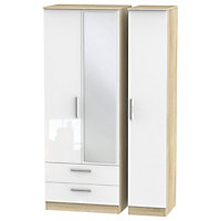 Trent Triple Mirror Wardrobe with 2 Drawers in White Gloss & Bardolino Oak (Ready Assembled)