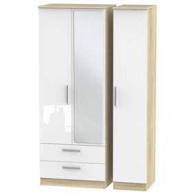 Trent Triple Mirror Wardrobe with 2 Drawers in White Gloss & Bardolino Oak (Ready Assembled)