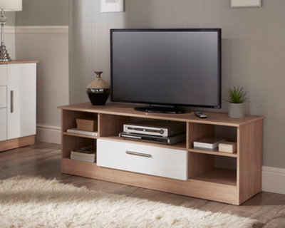 Trent Wide 1 Drawer TV & Media Unit in White Gloss & Bardolino Oak (Ready Assembled)