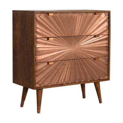 Trento Chest of 3 Drawers, Solid Mango Wood with Copper Inlay Chestnut ...