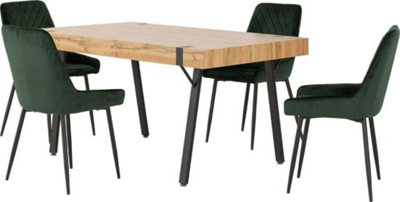 Treviso Light Oak Effect and Black Dining Set with Green Velvet Avery Chairs