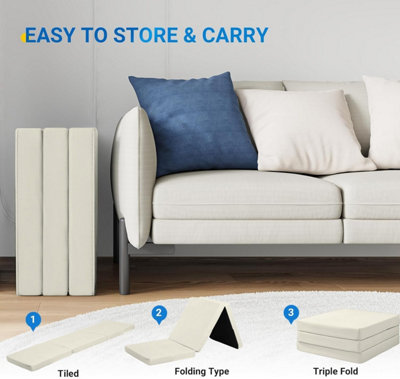 TRI FOLD FOLD OUT Z BED FUTON SOFA CHAIR MATTRESS CREAM