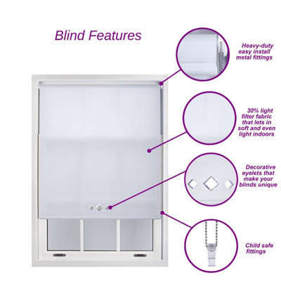 Trimmable Roller Blind with Triple Diamond Chrome Eyelet and Metal Fittings - White Daylight Shade (W)235cm x (L)210cm