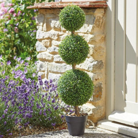 Trio Ball Artificial Topiary Bush - Home or Garden Weather & UV Resistant Faux Fake Realistic Plant in Pot - H80 x 23cm Diameter